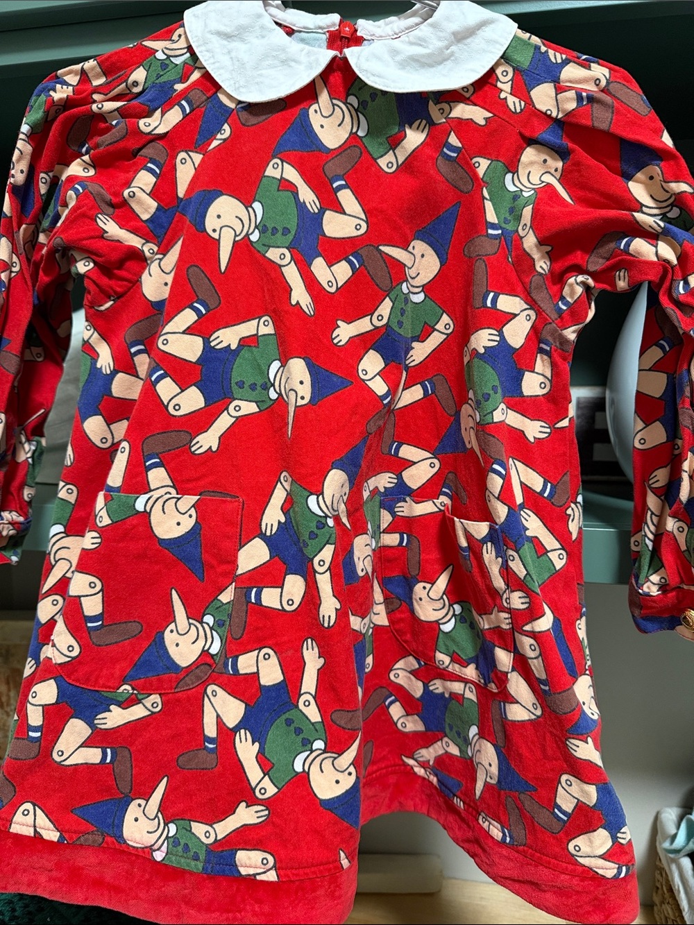 VTG RARE Moschino Bambino Red Pinocchio Print Dress with Peter Pan Collar